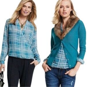 Cabi‎ Windowpane Teal Blue Faux Wrap Long Sleeve Chiffon Blouse Size Medium EUC